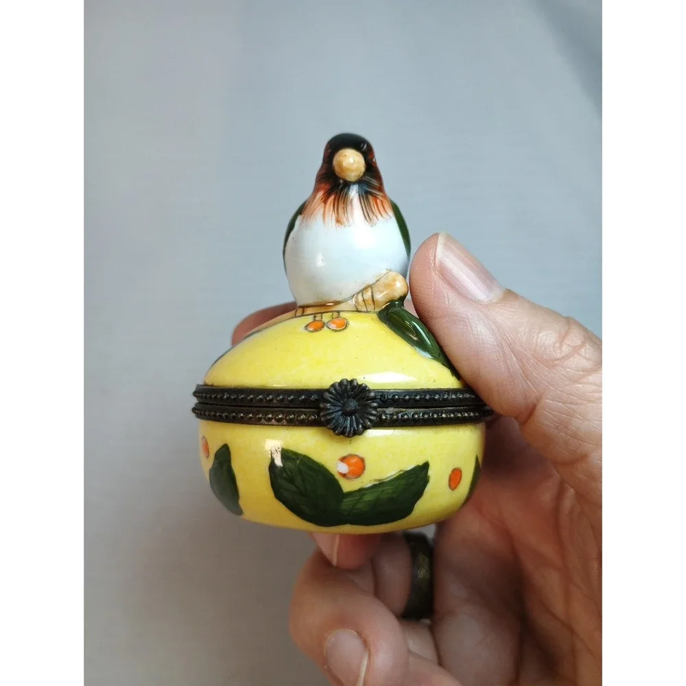 Vintage Porcelain Trinket Box Hand Painted Bird Hinged Pill Box Collectible
